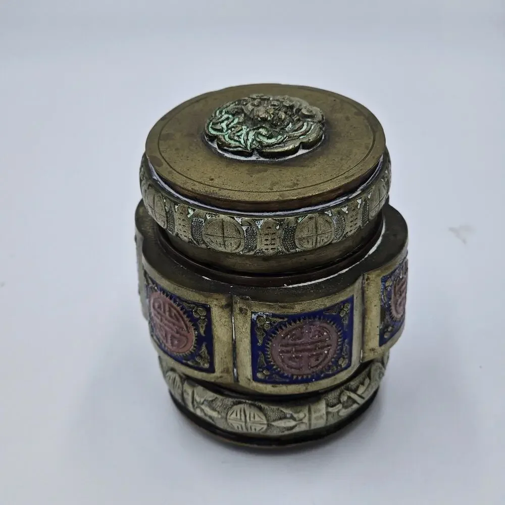Vintage Chinese Lidded Enamel Brass Tea Caddy Snuff Jar Blue Red
